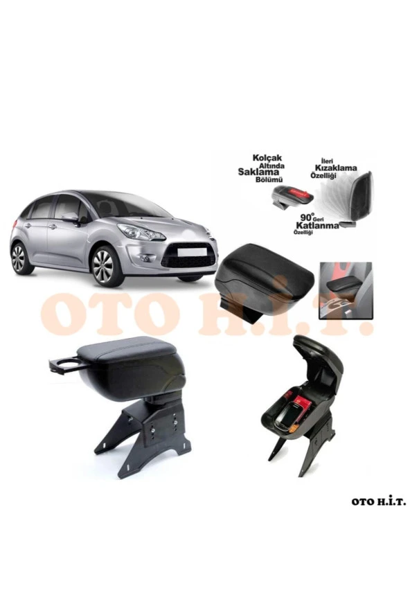 OTO H.İ.T.  Citroen C3 10-16 Uyumlu Kol Dayama Ve Kolçak Sürgülü Bardaklıklı Ayarlanabilir Siyah Deri ürün görseli 1