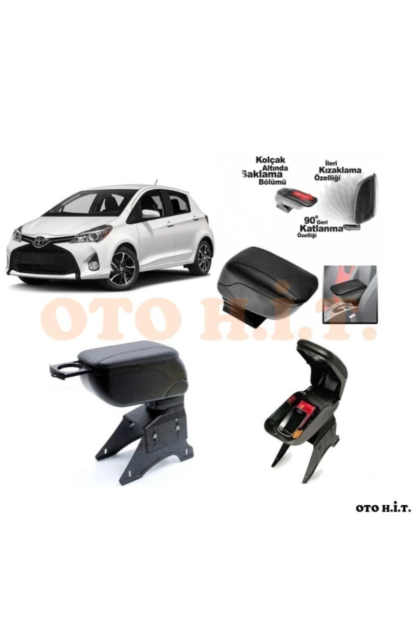 OTO H.İ.T.  Toyota Yaris 14-17 Uyumlu Kol Dayama Ve Kolçak Sürgülü Bardaklıklı Ayarlanabilir Siyah Deri ürün görseli 1