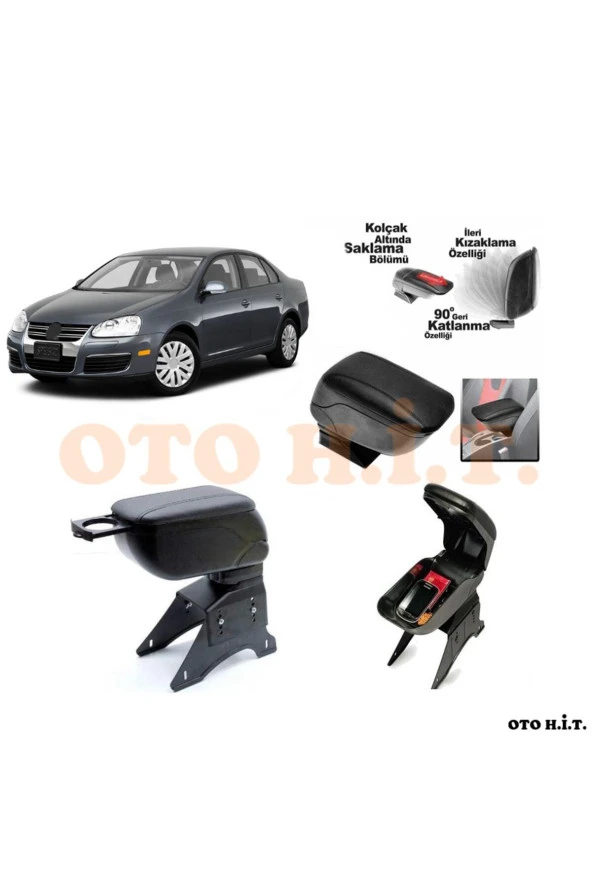OTO H.İ.T.  Volkswagen Jetta Mk5 Uyumlu Kol Dayama Ve Kolçak Sürgülü Bardaklıklı Ayarlanabilir Siyah Deri ürün görseli 1