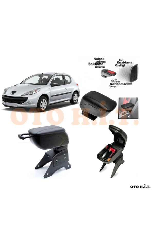 OTO H.İ.T.  Peugeot 206 Plus Uyumlu Kol Dayama Ve Kolçak Sürgülü Bardaklıklı Ayarlanabilir Siyah Deri ürün görseli 1