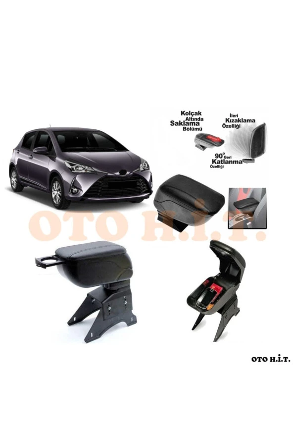 OTO H.İ.T.  Toyota Yaris 17-20 Uyumlu Kol Dayama Ve Kolçak Sürgülü Bardaklıklı Ayarlanabilir Siyah Deri ürün görseli 1