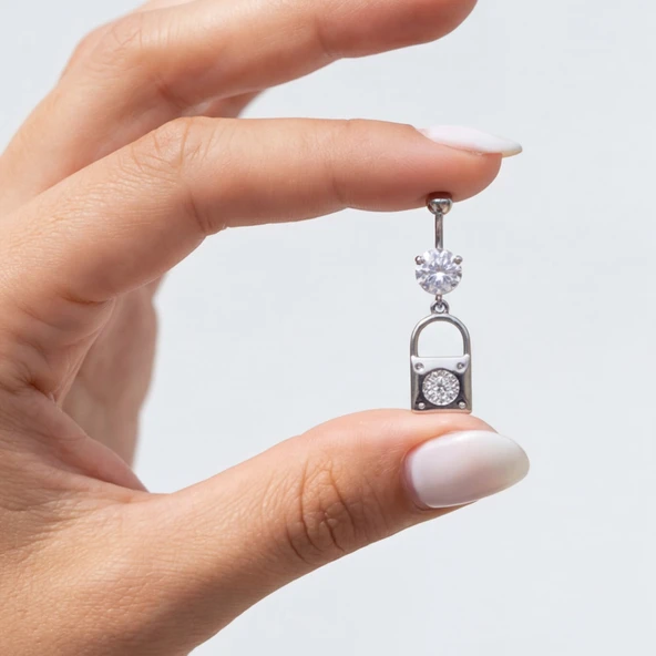 316L Çelik Zirkon Taşlı Kilit Piercing PRC-131 - Resim 3