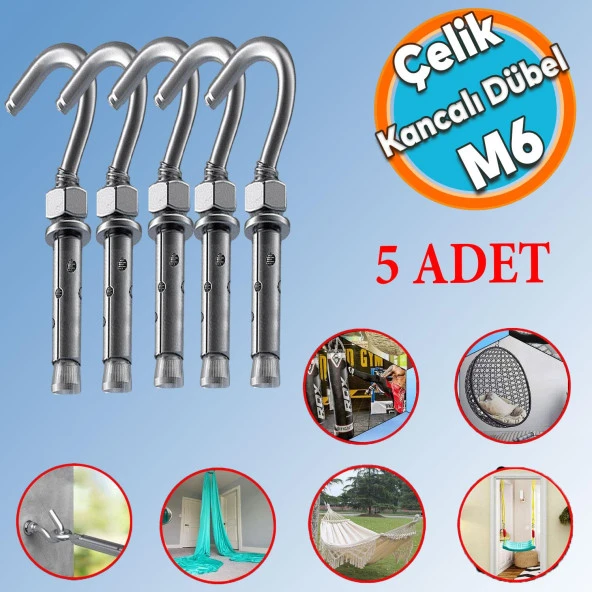 Kancalı Çelik Dübel M6 (5 ADET) Salıncak Boks Torbası Avize İçin Gömlekli Açık Ağız Kanca ürün görseli 1