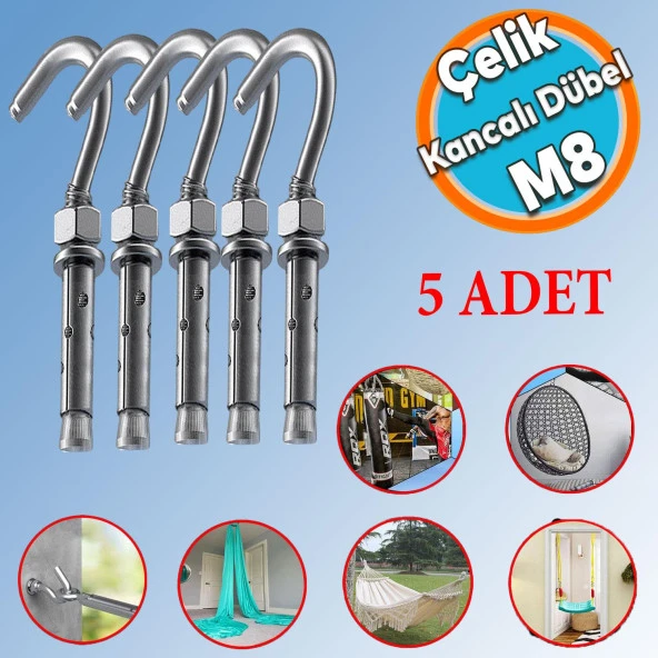 Kancalı Çelik Dübel M8 (5 ADET) Salıncak Boks Torbası Avize İçin Gömlekli Açık Ağız Kanca ürün görseli 1