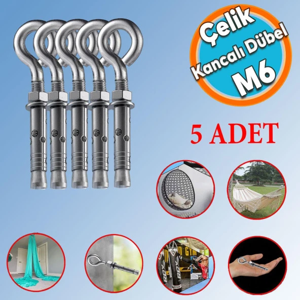 Kancalı Çelik Dübel M6 (5 ADET) Salıncak Boks Torbası Lamba Avize İçin Gömlekli Kapalı Ağız Kanca ürün görseli 1
