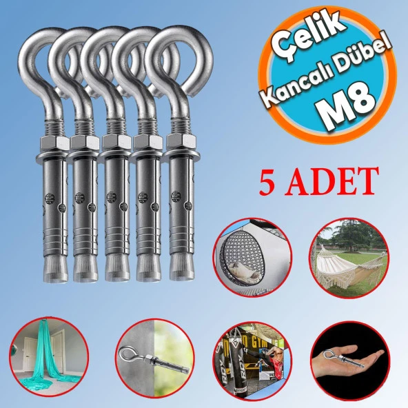 Kancalı Çelik Dübel M8 (5 ADET) Salıncak Boks Torbası Lamba Avize İçin Gömlekli Kapalı Ağız Kanca ürün görseli 1