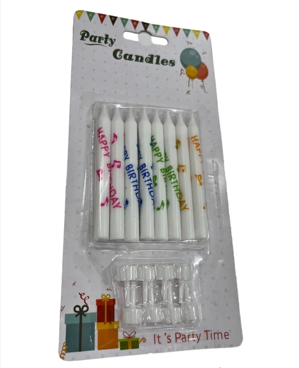 Happy Bırthday Baskılı Beyaz Mum 8 cm 8 li ürün görseli 1