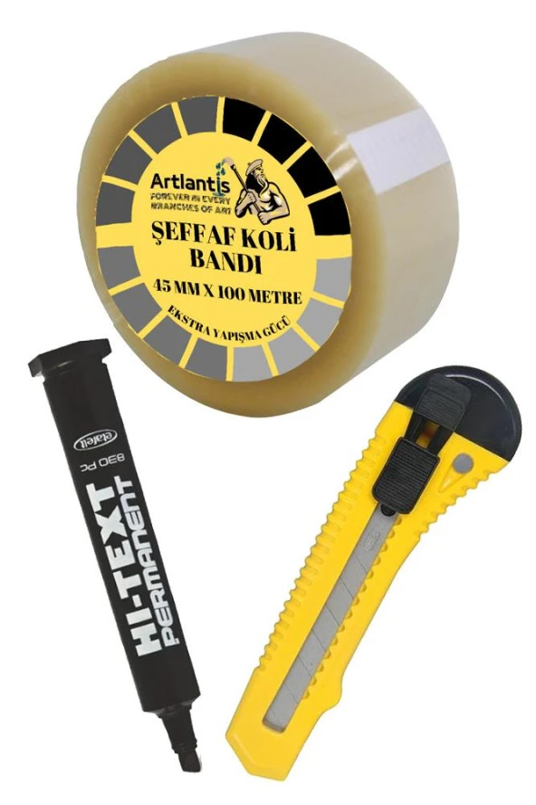 Koli Bandı Koli Kalemi ve Maket Bıçağı 1 Paket Koli Bant 100 Metre Şeffaf Kesik Uç Markör Kalem ve Plastik Maket Bıçağı Büyük ürün görseli 1