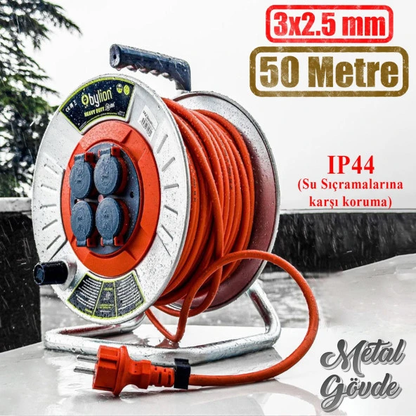 Makaralı Seyyar Kablo Kapaklı 4 Prizli Metal Uzatma Kablosu 3x2.5 mm TTR Kablo 50 Metre ürün görseli 1