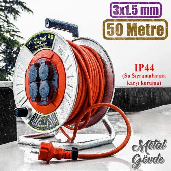 Makaralı Seyyar Kablo Kapaklı 4 Prizli Metal Uzatma Kablosu 3x1.5 mm TTR Kablo 50 Metre ürün görseli 1