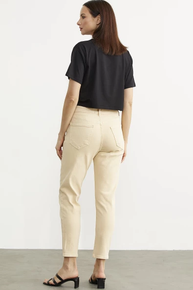 Likralı Fit Mom Jean - Bej - Resim 5