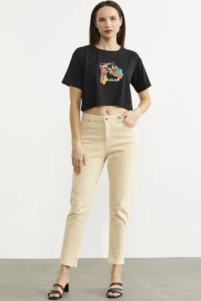 Likralı Fit Mom Jean - Bej - Resim 2