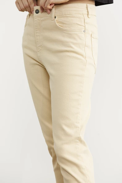 Likralı Fit Mom Jean - Bej - Resim 4