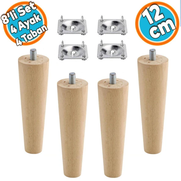 Ahşap Ayak Mobilya Koltuk Kanepe Sehpa Masa Ayağı Ayakları M8 Civatalı 12 cm + Bağlantı Aparatlı 8'li Set ürün görseli 1