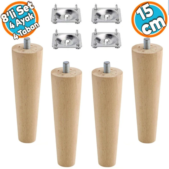 Ahşap Ayak Mobilya Koltuk Kanepe Sehpa Masa Ayağı Ayakları M8 Civatalı 15 cm + Bağlantı Aparatlı 8'li Set ürün görseli 1