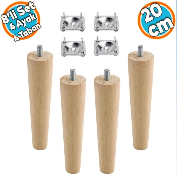 Ahşap Ayak Mobilya Koltuk Kanepe Sehpa Masa Ayağı Ayakları M8 Civatalı 20 cm + Bağlantı Aparatlı (8'li Set) ürün görseli 1