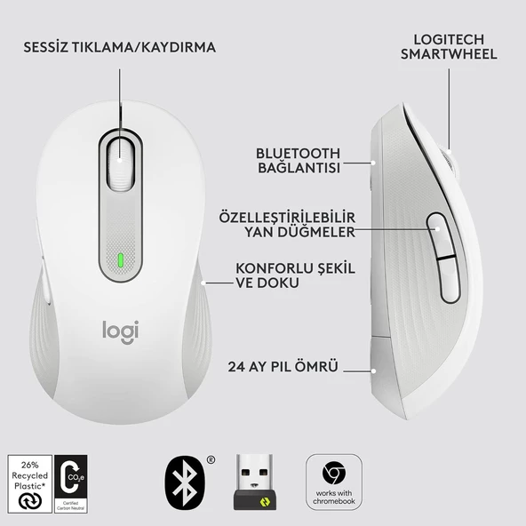 LOGITECH M650 L Kablosuz Optik 4000DPI Beyaz Bluetooth Mouse 910-006238 - Resim 4