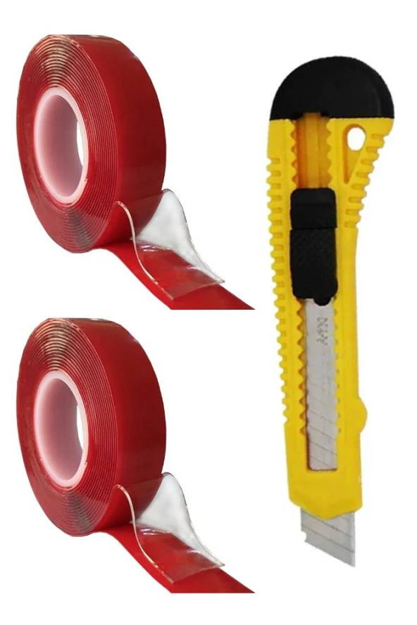 Çift Taraflı Bant Silikonlu Süper Güçlü Çivisiz Montaj Bandı ve Maket Bıçağı 1 Adet 18mm x 2 metre Extra Yüksek Mukavemetli ürün görseli 1