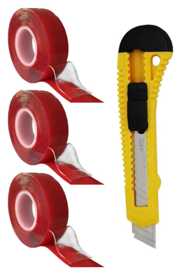 Çift Taraflı Bant Silikonlu Süper Güçlü Çivisiz Montaj Bandı ve Maket Bıçağı 1 Paket 18mm x 2 metre Extra Yüksek Mukavemetli ürün görseli 1