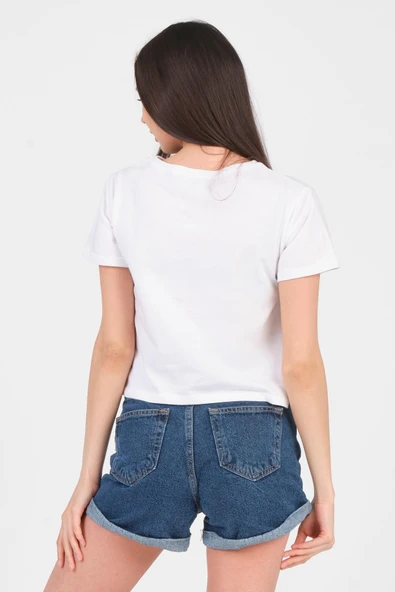 As Collection Beyaz Bisiklet Yaka Kısa Kol Örme Kadın Crop - Resim 6