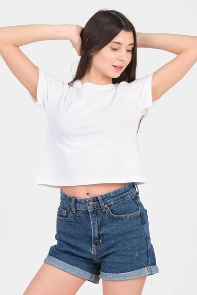 As Collection Beyaz Bisiklet Yaka Kısa Kol Örme Kadın Crop ürün görseli 1
