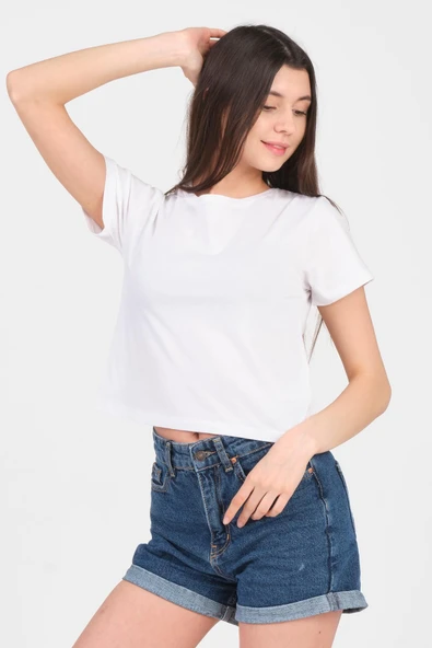 As Collection Beyaz Bisiklet Yaka Kısa Kol Örme Kadın Crop - Resim 2