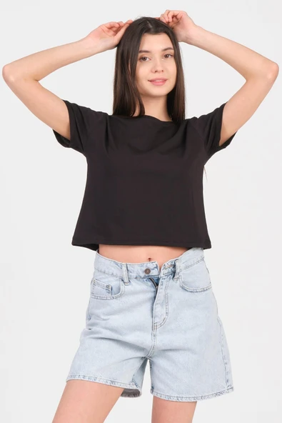 As Collection Siyah Bisiklet Yaka Kısa Kol Örme Kadın Crop ürün görseli 1