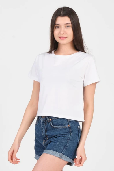 As Collection Beyaz Bisiklet Yaka Kısa Kol Örme Kadın Crop - Resim 3