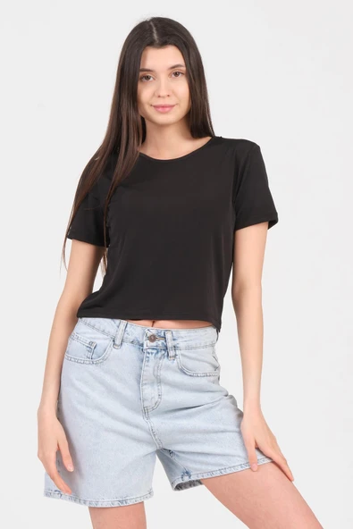 As Collection Siyah Bisiklet Yaka Kısa Kol Sandy Kadın Crop ürün görseli 1