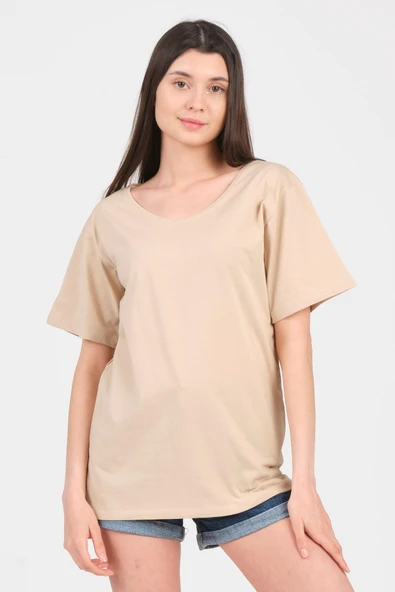 As Collection Bej V Yaka Kısa Kol Boyfriend Kadın T-Shirt ürün görseli 1