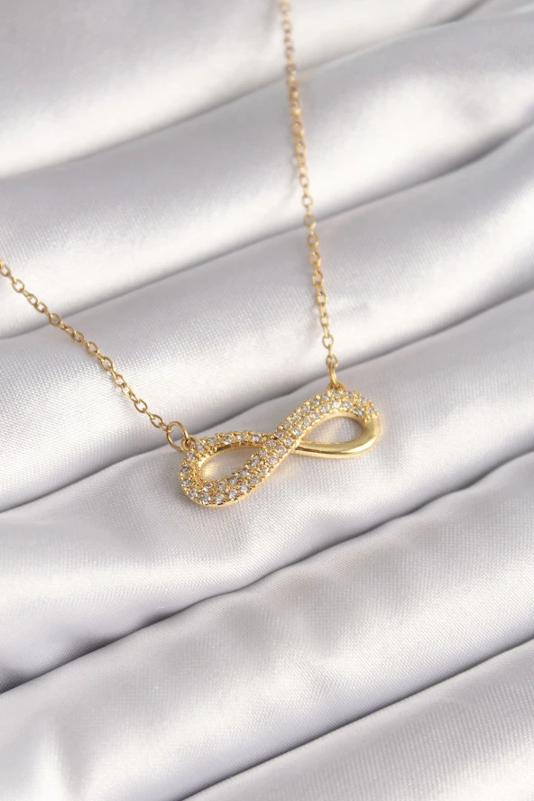 316L Çelik Gold Renk Zincir Zirkon Taşlı Sonsuzluk Model Kadın Kolye TJ-BKO8410 ürün görseli 1