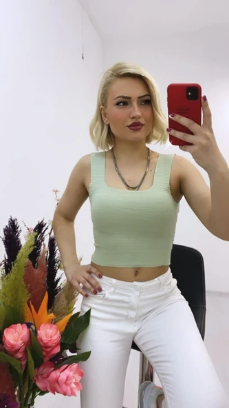 As Collection Yeşil Kalın Askılı Kare Yaka Kadın Bluz ürün görseli 1