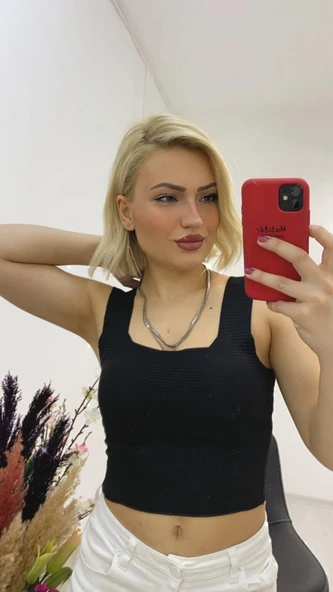 As Collection Siyah Kalın Askılı Kare Yaka Kadın Bluz ürün görseli 1