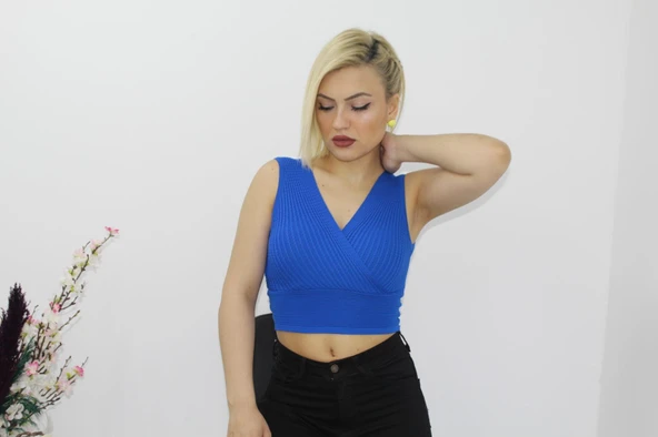As Collection Mavi Kalın Askılı Kruvaze Triko Kadın Bluz ürün görseli 1