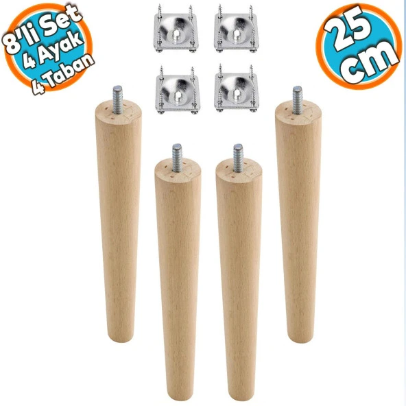 Ahşap Mobilya Koltuk Kanepe Sehpa Masa Ayağı Ayakları M8 Civatalı 25 cm + Bağlantı Aparatlı 8'li Set ürün görseli 1