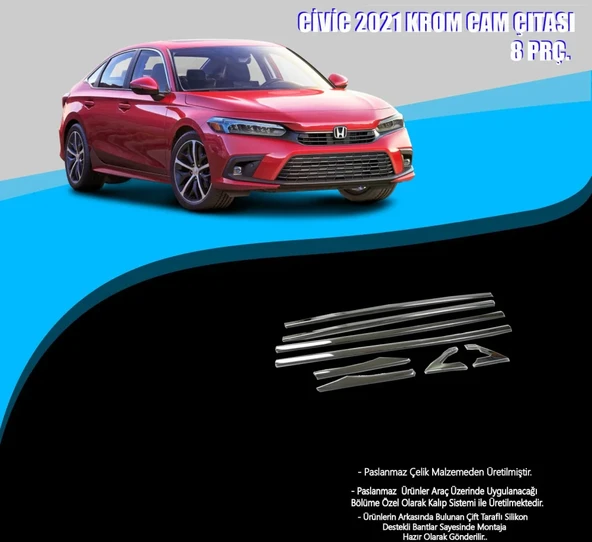 Honda Civic 2021 Model Krom Cam Çerçevesi 8 Parça FE1 (2022+) ürün görseli 1