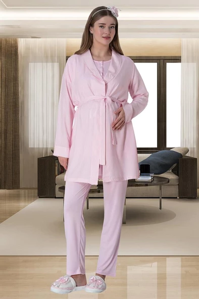Mecit 6001 Bayan Pembe Çizgi Sabahlık Hamile Lohusa Pijama Takımı ürün görseli 1