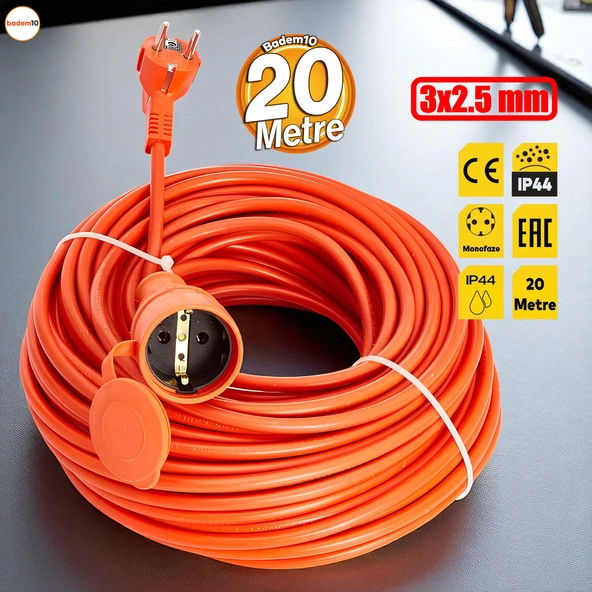 Cca Turuncu 3x2.5 Mm 20 Metre Dış mekan Kablo Seyyar Uzatma Kablosu Prizli Bahçe İçin Suya Dayanıklı ürün görseli 1
