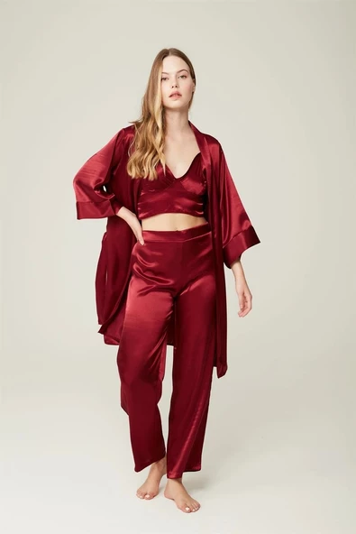Saten Büstiyer Sabahlık Pantolon Felicia 3'lü Takım Bordo ürün görseli 1