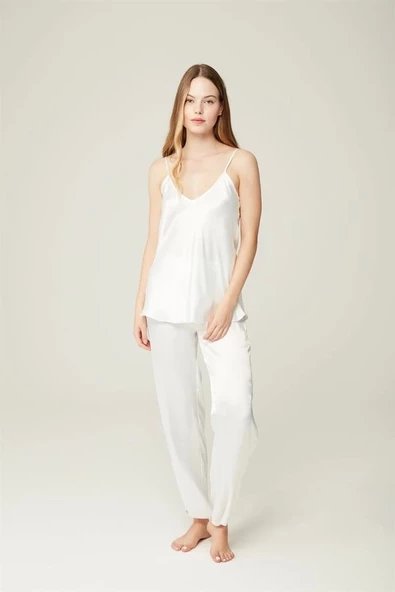 Saten Büstiyer Pantolon Jennifer 2'li Set Ekru ürün görseli 1