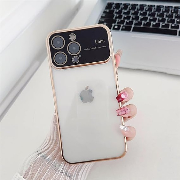 İphone 15 Kamera Lens Korumalı Kenarı Renkli Luxury Şeffaf Kılıf ALTIN ürün görseli 1