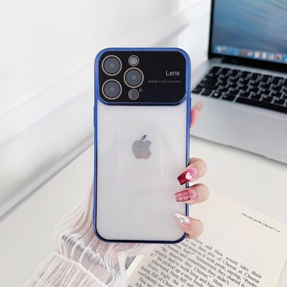İphone 15 PRO MAX Kamera Lens Korumalı Kenarı Renkli Luxury Şeffaf Kılıf MAVİ ürün görseli 1