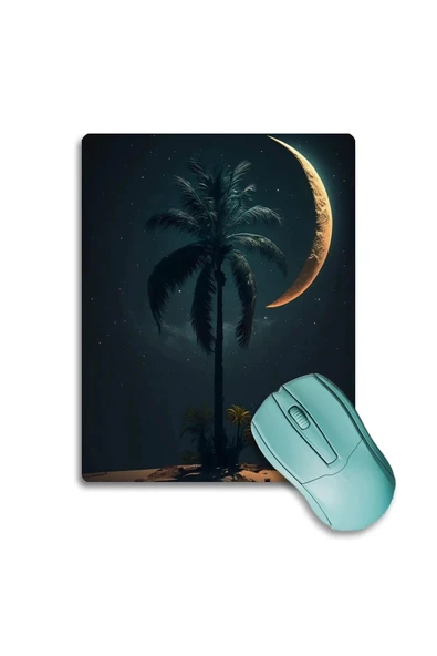 SonicTouch Gece Mavisi Ay ve Palmiye Desenli Kaydırmaz Gaming Oyuncu Dikişsiz Mouse Pad17x21cm ürün görseli 1