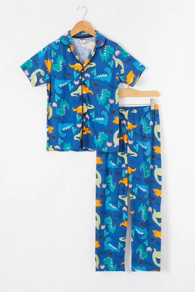 İndigo Dinozor Baskılı Düğmeli Erkek Çocuk Kısa Kol Pijama Takımı 18692 ürün görseli 1