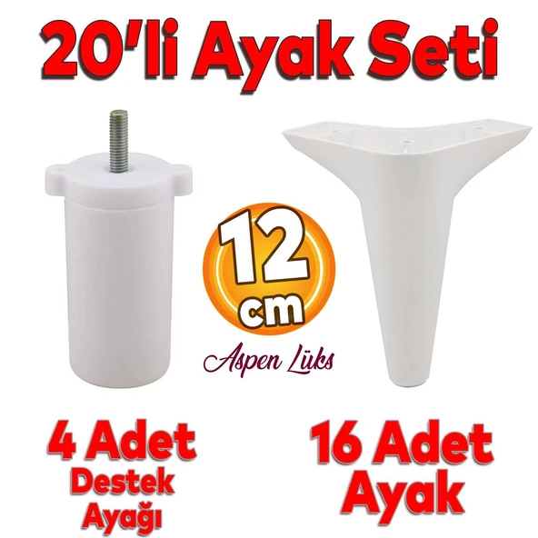 20'li Set Aspen Lüks Mobilya Koltuk Kanepe Tv Ünitesi Yükseltme Destek Ayağı 12 cm Beyaz Ayakları ürün görseli 1