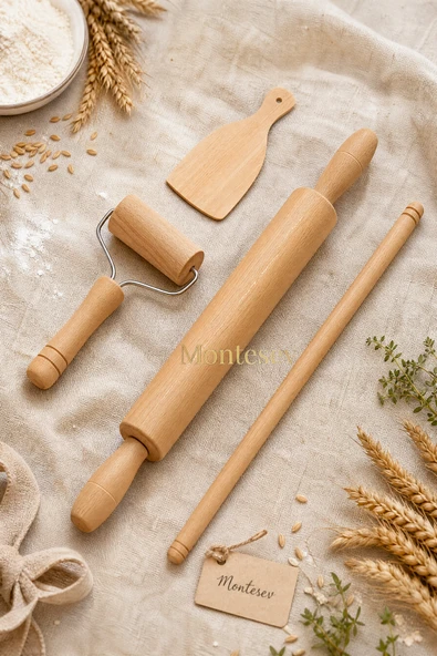Zambak Serisi Ahşap Hamur Açma Oklavası Merdanesi Rulosu Börek Seti 4 lü Set ECHO6 ürün görseli 1
