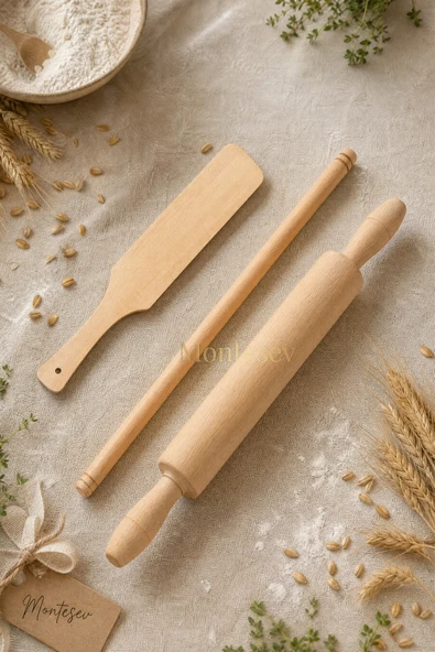 Zambak Serisi Ahşap Hamur Açma Oklavası Merdanesi Börek Seti 3 Lü Set ECHO10 ürün görseli 1