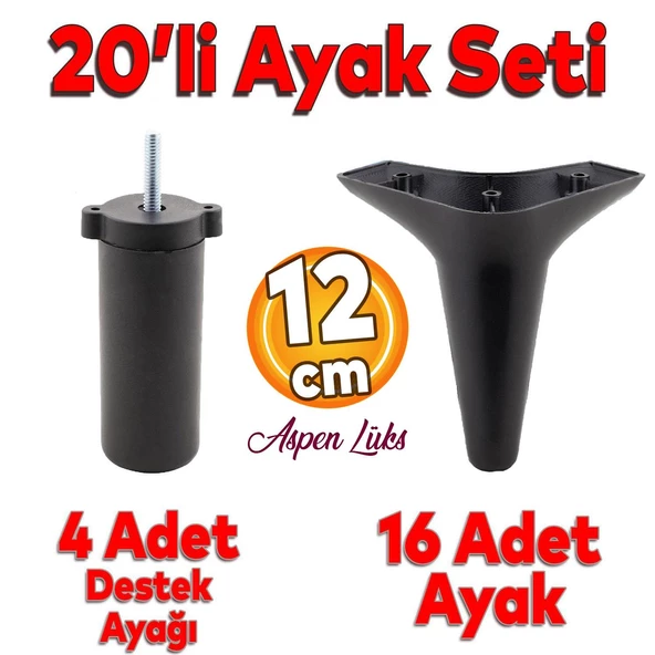 20'li Set Aspen Lüks Mobilya Koltuk Kanepe Tv Ünitesi Yükseltme Destek Ayağı 12 cm Siyah Ayakları ürün görseli 1
