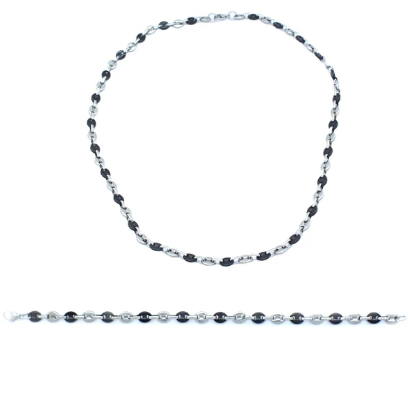 316L Çelik Siyah-Beyaz Zincir Erkek Set SET-137 ürün görseli 1