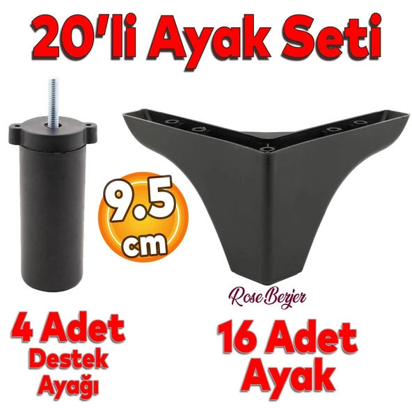 20'li Set Rose Berjer Mobilya Koltuk Kanepe Tv Ünitesi Yükseltme Destek Ayağı 9.5 cm Siyah Ayakları ürün görseli 1